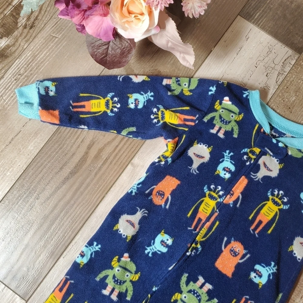 Carter's Blue Orange Green Monster Size 3T Fleece Footed Pajamas PJs EUC